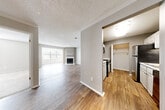 Located in Chattanooga, TN, this single-floor residence offers a well-designed layout that balances comfort and functionality. The open living and dining area serves as the heart of the home, featuring durable hardwood-style flooring, neutral gray walls, and a textured ceiling. A tiled fireplace with a white mantel and built-in shelf creates a focal point in the living room, while large windows allow natural light to fill the space with a bright, airy ambiance. The galley-style kitchen is efficiently designed with white cabinetry, granite-look countertops, black appliances including a gas range and over-the-range microwave, a stainless steel refrigerator, and a walk-in pantry closet with built-in shelving. The bedrooms are carpeted for comfort, each featuring ceiling fans and windows that invite natural light. Closet space is well provided throughout. The bathroom includes a full tub-shower combination with tiled surround and clean, classic fixtures. A walk-in closet with shelving is accessible from the kitchen area, adding practical storage. The overall palette of soft grays, whites, and warm wood tones creates a cohesive, neutral aesthetic throughout this move-in ready Chattanooga home.