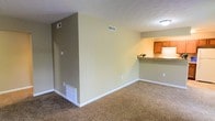 This single-floor space offers a clean, functional layout designed for comfortable everyday living. The main living area is finished with wall-to-wall carpeting in a neutral tan tone, providing a warm and practical foundation throughout the room. Smooth, light-colored walls in a soft beige palette create a bright and welcoming atmosphere, complemented by white baseboards that add a crisp finishing detail.

A structural accent wall adds subtle architectural interest to the space, partially dividing the living area while maintaining an open feel. HVAC vents are positioned both on the walls and ceiling, ensuring efficient climate control throughout.

The kitchen is accessible via a raised breakfast bar with a granite-style countertop, which serves as a natural visual and functional divider between the living and kitchen areas. Warm wood-toned cabinetry lines the kitchen walls, offering ample storage, while overhead lighting provides focused illumination for food preparation. The overall layout encourages an open-concept feel while maintaining defined zones for living and cooking. The space presents a straightforward, move-in-ready environment with a cohesive neutral color scheme throughout.