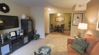 This single-floor residence presents an open and connected layout, with the living and dining areas flowing naturally into one another. The living room features neutral-toned carpeting underfoot and is furnished with a cushioned sofa accented with decorative throw pillows, alongside a glass-top coffee table that adds a touch of lightness to the space. A dark storage cabinet lines one wall, offering both display and organizational functionality, complemented by decorative greenery that adds a natural element to the room.

A clear opening leads into the dining area, which is distinguished by warm olive-green accent walls that create a cozy, defined atmosphere. The dining space features hardwood-style flooring, a round table surrounded by dark wicker-style chairs, and a ceiling fan overhead. Wall art adds a pop of color, while a tall potted plant in the corner enhances the room's warmth.

Ceiling-mounted light fixtures illuminate both spaces consistently. The overall ambiance throughout is warm and welcoming, with a casual, comfortable aesthetic achieved through the combination of soft flooring, earthy tones, and thoughtful decorative touches.