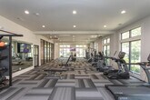 Located along State Route 401 in Atlanta, GA, this well-appointed fitness center offers a comprehensive workout environment across a single, expansive floor. The space is designed with both functionality and aesthetics in mind, featuring a striking geometric-patterned carpet in neutral tones of taupe, grey, and brown that lends a polished, modern feel throughout.

The main workout floor is generously proportioned, accommodating a full lineup of True-brand cardio equipment, including treadmills, ellipticals, and stationary bikes positioned along the perimeter to take advantage of the abundant natural light streaming through large, floor-to-ceiling windows and arched glass panels. These windows offer pleasant views of the surrounding greenery, enhancing the overall workout environment.

A dedicated strength and functional training area features cable machines, weight benches, and free weights, while a separate functional training rig supports suspension training and includes a heavy bag for combat-style workouts. A large training tire and sled equipment further expand the facility's functional fitness offerings.

The space also includes a mirrored studio room enclosed by sleek black-framed glass doors, ideal for group classes or personal training sessions. Ceiling fans and recessed lighting throughout ensure a comfortable, well-lit atmosphere. The open layout, varied equipment selection, and bright, airy design make this fitness center a comprehensive and inviting destination for all levels of fitness enthusiasts.