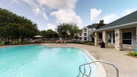 This single-story residential community presents an inviting and well-kept exterior environment designed for comfortable communal living. The grounds are highlighted by a generously sized outdoor swimming pool with a smooth, curved edge and a textured concrete surround, complemented by poolside lounge chairs, umbrella-shaded seating, and a covered stone-pillar pavilion — ideal for relaxation and outdoor gatherings.

The buildings throughout the community feature a distinguished combination of natural stone and neutral-toned siding exteriors, with pitched rooflines and private ground-floor entrances framed by black wrought iron fencing and gates. Each unit benefits from its own defined outdoor space, adding a sense of privacy and individuality.

The community grounds are lushly landscaped with mature shade trees and well-maintained green lawns that line the walking paths and parking areas, creating a serene, park-like atmosphere. Wide concrete walkways connect the buildings and community areas, offering easy navigation throughout the property.

Parking is plentiful, with open surface lots conveniently situated near the residential buildings. Additional detached garage structures are also present, offering covered parking options. The overall ambiance reflects a thoughtfully designed community that balances functional amenities with comfortable, attractive outdoor living spaces.