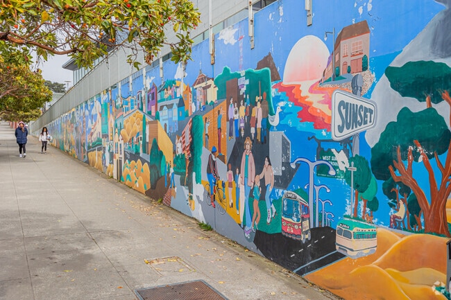 A beautiful mural creates a scene encompassing the Outer Sunset.
