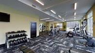 This fitness center is a thoughtfully designed, single-floor facility offering a comprehensive workout environment. The space is generously proportioned, providing ample room for a diverse range of exercise equipment without feeling crowded. A dumbbell rack lines one wall, offering a full selection of free weights alongside a dedicated bench, while a weight plate and accessory rack nearby keeps strength training essentials organized and accessible.

The cardio section features multiple machines, including treadmills and ellipticals, positioned to take advantage of the large windows along one wall, which flood the space with natural light and offer pleasant outdoor views of surrounding trees. A ceiling fan overhead contributes to comfortable air circulation during workouts.

The flooring consists of a patterned, multi-tone carpet that adds a modern aesthetic while providing practical underfoot cushioning. Recessed linear lighting runs across the tray-style ceiling, ensuring the space is well-lit throughout. A full-length mirror is installed along one wall, enhancing the sense of depth and supporting proper form during exercise. The overall ambiance is clean, modern, and functional.