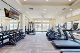 Located at 12905 W Indian School Rd in Avondale, Arizona, this fitness center offers a comprehensive workout environment designed with both functionality and comfort in mind. The space features a tray ceiling with recessed lighting and a ceiling fan, contributing to a clean, modern aesthetic throughout. Large windows along multiple walls flood the room with abundant natural light and provide views of the surrounding outdoor area, including a pool and landscaped grounds. The flooring consists of neutral-toned carpet tiles laid in a herringbone-style pattern, providing durability and a polished look underfoot. A full-length mirror wall visually expands the space and aids users in monitoring their form during exercise. The cardio section is well-appointed with multiple treadmills, elliptical machines, and stationary bikes equipped with interactive touchscreen displays. A dedicated cycling area features smart spin bikes with large digital screens, positioned beside windows overlooking the pool courtyard. Strength training is supported by a cable and multi-functional weight machine, along with a comprehensive dumbbell rack offering a wide range of free weights. A wall-mounted flat-screen television is positioned for easy viewing from the cardio equipment. Glass-paneled doors provide a transparent entry, enhancing the open and inviting atmosphere of this community fitness facility.
