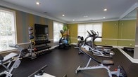 This single-floor fitness space is designed to accommodate a comprehensive workout experience. The room features bold yellow-green accent walls with a decorative striped section, complemented by white crown molding and a crisp white ceiling with recessed lighting that ensures the space is well-lit throughout. Dark rubberized flooring provides a durable, gym-appropriate surface that protects equipment and offers traction during exercise.

The cardio section includes multiple machines such as an elliptical trainer and a stationary bike, positioned to take advantage of natural light streaming in through several white-shuttered windows. A dedicated free weights area lines one wall, featuring a well-organized dumbbell rack with a range of weights, kettlebells, and medicine balls. A flat-screen television is mounted nearby, providing entertainment during workouts. Additional equipment includes stability and exercise balls stored on a rack, along with a weight bench and various accessories. The combination of ample natural light, quality equipment, and a thoughtfully organized layout makes this a functional and motivating fitness environment.