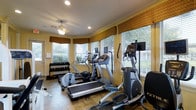 This single-floor fitness center is thoughtfully designed to provide a comfortable and functional workout environment. The space is bathed in natural light, courtesy of multiple large windows adorned with elegant valances and adjustable blinds that frame views of the surrounding greenery outdoors. Crown molding adds a refined architectural touch to the bright yellow walls, lending the space a warmer, more inviting atmosphere than a typical gym setting.

The facility is well-stocked with a variety of cardio equipment, including treadmills, elliptical trainers, and a rowing machine, all arranged to take advantage of the natural light and outdoor views. A dedicated free weights station features a full dumbbell rack, catering to strength training needs. Overhead, a decorative ceiling fan with a light fixture provides both ventilation and soft ambient lighting, complementing the recessed ceiling lights throughout. The durable flooring is well-suited for high-traffic fitness use. Overall, this fitness center strikes a balance between practicality and comfort, offering residents or guests a bright, clean, and fully equipped space to maintain their fitness routines.