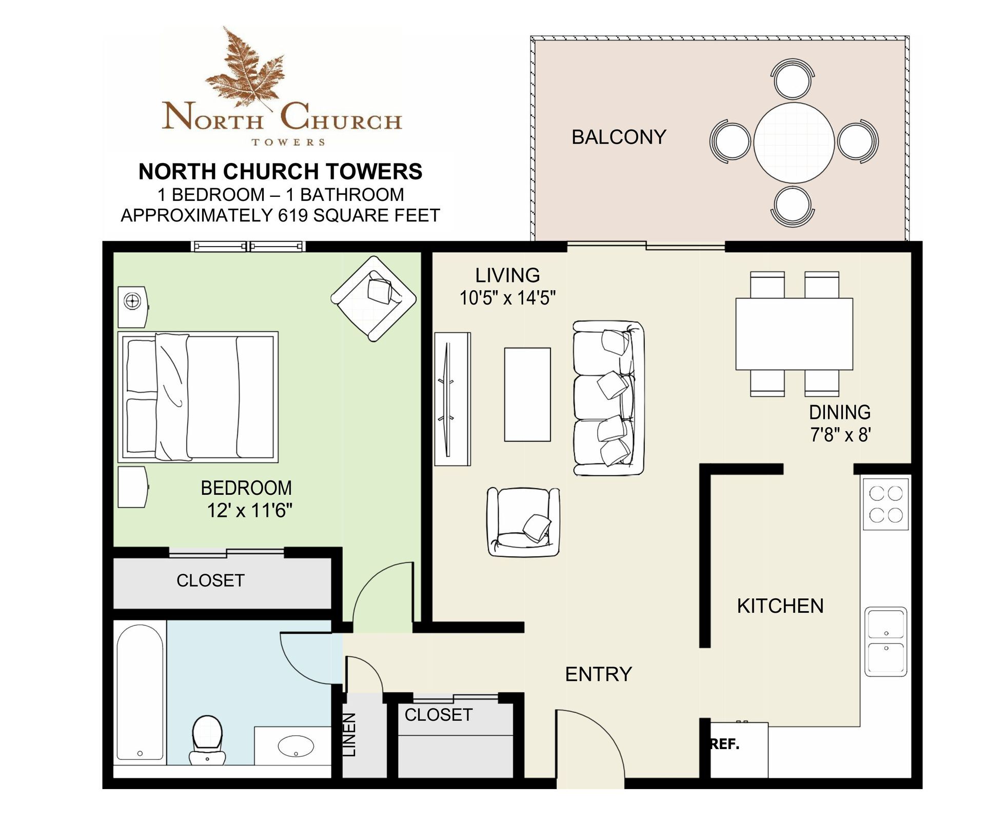 North Church Towers Apartments – 1BR.1BA.619SF (balcony)
