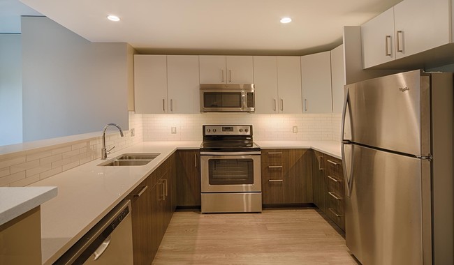 Modern kitchen with stainless steel appliances and quartz countertops - Vivo Apartments