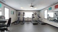 This single-level fitness room offers a focused, functional environment designed for cardiovascular exercise. The space is outfitted with a selection of cardio equipment, including two treadmills, two elliptical machines, and a stationary bike, each featuring individual display consoles for workout tracking. The room's layout allows for comfortable spacing between machines, providing users with an unobstructed workout experience.

The flooring consists of durable, speckled rubberized material, well-suited for a high-traffic fitness environment and easy maintenance. Neutral gray walls trimmed with dark baseboards and crown molding give the room a clean, finished appearance. Natural light enters through multiple windows fitted with horizontal blinds, contributing to a bright and pleasant atmosphere.

Overhead lighting is provided by flush-mount ceiling fixtures, complemented by a ceiling fan that aids in air circulation during workouts. A decorative wall clock adds a practical touch to the space. The textured ceiling and overall design reflect a practical yet polished approach to fitness facility design.