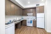 Located at 4933 North River Road in Oceanside, California, this single-story, one-bedroom, one-bathroom unit offers a thoughtfully organized and efficient floor plan. Throughout the space, light-toned wood-style flooring provides a clean, cohesive aesthetic that ties each room together.

The combined living, dining, and kitchen area forms the heart of the unit. The kitchen is well-appointed with warm brown shaker-style upper cabinets, contrasting two-tone lower cabinetry, light countertops, a stainless steel sink, and white appliances including an electric range and a full-size refrigerator — providing ample storage and functionality.

The living and dining areas are bright and open, featuring neutral cream-toned walls that maximize the sense of space. Windows allow natural light to filter in, offering views of the surrounding Oceanside landscape.

The bedroom is a comfortable, well-proportioned retreat featuring dual windows with roller shades, a ceiling fan with light fixture, and continued wood-style flooring. A dedicated closet adds practical storage.

The bathroom is designed with accessibility in mind, equipped with grab bars, an open vanity with mirror, a shower/tub combination with curtain, and wood-style flooring throughout. The clean white walls and recessed lighting keep the space feeling bright and functional.