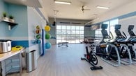 This single-floor fitness center is designed to support a comprehensive workout experience in a bright, open environment. The space is finished with light hardwood-style flooring and walls painted in a crisp white and blue striped pattern, lending a clean, energetic aesthetic throughout.

The cardio zone features a row of elliptical trainers, stationary cycling bikes, and additional cardio equipment, all positioned to take advantage of the natural light streaming through a large glass panel garage-style door that opens to views of the surrounding outdoor area. A ceiling fan and recessed lighting ensure comfort during workouts.

The strength training area includes a full rack of dumbbells in varying weights, a set of kettlebells, and a wall-mounted mirror with a mounted flat-screen TV above. An additional sliding glass door provides outdoor access and further natural light.

On the opposite side, a wall-mounted exercise ball rack holds multiple medicine and stability balls in assorted sizes, accompanied by a SmartMat instructional exercise guide. A built-in refreshment station includes a countertop, small refrigerator, and ice maker, adding a convenient amenity for post-workout recovery. The overall ambiance is bright, functional, and thoughtfully organized.