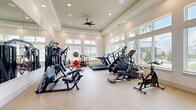 This fitness center offers a generously sized, single-level workout space designed to accommodate a comprehensive range of exercise equipment and activities. The room features a distinctive tray ceiling outfitted with recessed lighting and a ceiling fan, contributing to both the elevated sense of height and a comfortable training environment.

Large windows line the walls, providing abundant natural light and views of the surrounding outdoor greenery, creating an airy and energizing atmosphere. The light-toned, durable flooring throughout the space is practical and easy to maintain.

The cardio zone is well-appointed with multiple treadmills, a stair climber, an elliptical trainer, and a stationary spin bike — offering a diverse selection of aerobic exercise options. On the strength training side, a multi-station cable machine provides versatile resistance training, complemented by a full rack of dumbbells spanning a wide weight range, a weight bench, and additional free weight equipment including medicine balls and stability balls.

A large wall-mounted flat-screen television faces a dedicated free weights area, while floor-to-ceiling mirrors along one wall visually expand the space and allow users to monitor their form. The overall design balances functionality with a clean, bright aesthetic, making it a highly practical and inviting fitness facility.