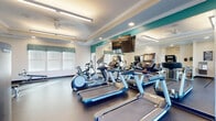 This fitness center is thoughtfully designed to accommodate a full range of workout needs across two connected areas. The main exercise room features durable dark rubber flooring and is lined with a large wall mirror accentuated by a teal accent panel, creating a sense of expanded space and enhancing the room's modern aesthetic. Recessed lighting and linear overhead fixtures ensure the space is well-lit throughout. The main area houses multiple treadmills, elliptical trainers, and a stationary bike, along with a cable strength machine, an adjustable weight bench, and a dumbbell rack. A wall-mounted flat-screen television is positioned above the mirror for entertainment during workouts. Natural light filters in through windows dressed with decorative valances and white horizontal blinds. An adjoining room offers a change of pace with warm herringbone-patterned hardwood flooring, a rowing machine, a wall-mounted television, and seating along the perimeter. Floor-to-ceiling glass doors in this secondary space open directly to an outdoor greenspace, flooding the room with abundant natural light and providing seamless indoor-outdoor connectivity. Crown molding and tray ceilings throughout lend a refined, polished character to the overall space.