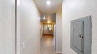 Located in the Roosevelt neighborhood of Seattle, WA, this efficient two-bedroom unit offers a practical, well-organized layout across a single floor. The entryway opens into a hallway finished with light-toned luxury vinyl plank flooring, which extends into the kitchen area. The kitchen is equipped with teal-blue cabinetry, a white refrigerator, and a range, providing a functional cooking space with a pop of color against the neutral walls.

Both bedrooms are carpeted in a neutral gray tone, offering a comfortable and quiet retreat. Each bedroom is served by baseboard heating, ensuring warmth during Seattle's cooler months. The primary bedroom features a sliding-door closet for efficient storage, while the second bedroom benefits from a window that brings in natural light and leafy outdoor views. A wall-mounted light fixture in the second bedroom adds a cozy, functional touch.

The unit maintains a consistent neutral color palette throughout — soft white and beige tones on the walls and ceilings — contributing to a clean, understated aesthetic. The textured ceilings and straightforward design keep the space feeling practical and easy to maintain. Overall, this unit offers a no-frills, functional living environment well-suited for those seeking a straightforward residence in a convenient Seattle location.