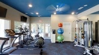 This fitness center is a thoughtfully designed single-floor space built to support a well-rounded workout routine. The room is immediately distinguishable by its bold blue ceiling, which adds a dynamic, energizing atmosphere complemented by bright recessed lighting and a ceiling fan that ensures comfortable air circulation during workouts. Large windows and glass-paned doors along one wall allow ample natural light to flow in while offering views of the outdoor surroundings, creating an open and inviting environment. The space is outfitted with a selection of cardio equipment, including elliptical trainers and a stationary bike, positioned to take advantage of the natural light from the windows. A color-coded stability ball rack holds multiple exercise balls, providing options for core and flexibility training. A cable weight machine rounds out the strength training offerings. The patterned carpet flooring adds a finished, purposeful aesthetic to the space. A wall-mounted television is available for entertainment during workouts. The fitness center also features a water station, keeping hydration convenient and accessible. Overall, the space is well-lit, functionally organized, and designed to accommodate a variety of fitness activities in a clean and motivating setting.