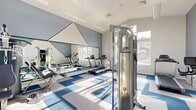 Located at 1473 Meadow Peak View in Colorado Springs, Colorado, this fitness center offers a bright, well-appointed space designed for a comprehensive workout experience. The room is characterized by dramatically vaulted ceilings that lend an open, airy feel, complemented by an abundance of natural light streaming through large, multi-pane windows that line the walls and offer views of the surrounding neighborhood.

The flooring features a bold geometric pattern in blue and white, adding a dynamic visual element to the space. A full-wall mirror along one side visually expands the room while providing functional feedback during exercise. Ceiling fans are mounted overhead to maintain airflow and comfort throughout workouts.

The fitness center is outfitted with a diverse selection of equipment to accommodate both cardio and strength training needs. Cardio machines include treadmills, elliptical trainers, and a stationary cycling bike. For strength training, the space features a Paramount multi-station cable machine, a multi-function weight machine, and a dedicated bench press station. The combination of equipment, natural light, and high ceilings creates an energizing and functional environment well-suited for residents seeking convenient, on-site fitness facilities.