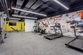 Located at 211 W Armour Blvd in Kansas City, Missouri, this fitness center is a well-equipped, single-floor facility designed to support a full range of workout routines. The space features an open layout with durable rubber flooring throughout, and an exposed black ceiling fitted with bright linear LED lighting that illuminates the entire room evenly.

A bold, large-scale abstract mural dominates one wall, adding a dynamic and energizing visual element to the environment. Complementing this, an accent wall painted in vivid yellow provides additional pops of color and visual energy, with a wall-mounted flat-screen TV positioned nearby for entertainment during workouts.

The cardio zone is well-appointed with treadmills, a stationary spin bike, and an elliptical machine, all arranged along the mural wall. The strength training area includes a Matrix cable machine system, a multi-functional rack, an adjustable weight bench, and a tiered dumbbell rack stocked with hex weights in a variety of sizes. A stability ball rounds out the functional training options.

A corridor connects additional areas of the facility, including what appears to be a secondary room or locker area with a bench for changing. The overall ambiance is modern, clean, and purposefully designed to motivate users, making this fitness center a comprehensive and functional amenity.