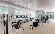 Located in Naples, Florida, this fitness facility offers a generously sized, single-floor exercise space designed to support a comprehensive range of workout activities. The main cardio area features a row of Matrix treadmills, ellipticals, and stationary bikes, all positioned along a wall of large windows that flood the space with natural light and provide pleasant views of the surrounding lush Florida greenery. Ceiling fans with pendant lighting are mounted on a distinctive wood-paneled ceiling, adding a warm, coastal aesthetic to the bright, neutral interior. The strength training zone is well-appointed with multi-station cable machines, a full dumbbell rack, adjustable benches, and additional free-weight equipment, all reflected in large floor-to-ceiling mirrors that enhance the sense of spaciousness. A dedicated functional training area includes a power rack, TRX suspension system, plyo boxes, and a heavy punching bag, with open floor space ideal for dynamic workouts. Built-in cabinetry, shelving, and a locker area with bench seating provide convenient storage and changing amenities. The facility is entered through double glass doors and features a welcoming accent wall with decorative artwork, completing a polished, resort-style fitness environment.
