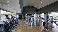 This fitness center is designed to provide a comprehensive workout experience in a spacious, modern environment. The facility features soaring vaulted ceilings with a distinctive arched architectural detail, lending an open and energizing atmosphere to the space. Recessed lighting throughout ensures bright, even illumination across the entire floor.

The workout area is outfitted with an extensive selection of professional-grade equipment, including a full row of cardio machines — such as ellipticals and treadmills — positioned along the perimeter to take advantage of large windows that flood the space with natural light. At the center of the facility, a robust array of strength training machines and cable systems provide options for a full-body workout. Suspension training equipment is also available, adding versatility for functional fitness routines.

Warm hardwood-style flooring runs throughout the space, complementing the contemporary dark accent walls and polished aesthetic. Wall-mounted televisions are positioned for visibility across the workout floor, enhancing the experience during extended sessions. The generous layout ensures ample spacing between equipment, allowing for comfortable and safe movement throughout the facility.