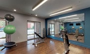 Located at 101 E Romana St in Pensacola, Florida, this fitness center is a thoughtfully designed, single-floor facility built to support a comprehensive workout experience. The space features a clean, modern aesthetic with a neutral gray and bold teal accent color scheme, complemented by rich hardwood-style flooring throughout.

The cardio zone is anchored by a row of TRUE-brand treadmills, an elliptical trainer, and a stationary bike, all positioned in front of a teal feature wall lined with wall-mounted flat-screen televisions—ideal for staying entertained during endurance training. A large floor-to-ceiling mirror on an adjacent wall visually expands the space and aids in form correction during workouts.

The free weight and functional training area is generously sized, offering a full rack of dumbbells, stability balls, a weight bench, a cable machine, and folding exercise mats for floor work. Large sliding glass doors and oversized windows along one wall flood this section with natural light and provide views of the surrounding outdoor area, creating an open and energizing atmosphere.

Recessed and linear LED lighting throughout ensures the entire space is well-lit at all times. Additional amenities include a sanitation station with paper towel dispensers and waste bins, reinforcing a clean and health-conscious environment. The fitness center is practical, organized, and designed to serve a broad range of fitness needs.