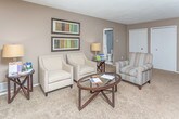 This single-floor residence at 28850 Telegraph Rd in Southfield, Michigan, offers a thoughtfully designed layout that balances functionality with a warm, neutral aesthetic. The open floor plan connects key living areas seamlessly, as revealed by the overhead layout view.

The kitchen is a standout feature, equipped with rich, medium-toned wood cabinetry, granite-style countertops, and a full suite of stainless steel appliances, including a refrigerator, dishwasher, and range. Dark hardwood-style flooring grounds the space and adds a polished contrast to the lighter cabinetry. A dining area sits adjacent, offering convenient everyday functionality.

The living area features plush carpeting and is styled with a pair of cream upholstered accent chairs, flanked by side tables and warm lamp lighting, creating an inviting and comfortable gathering space.

The bedroom is generously proportioned, featuring soft carpeting, a large window with vertical blinds that allows natural light, a sizable closet with bifold doors, and ample space for full bedroom furnishings. The bathroom presents tile flooring, a granite-topped vanity, and a shower/tub combination, accented with calming blue-toned walls.

Overall, the space presents a cohesive, move-in-ready environment with consistent neutral tones, practical finishes, and a comfortable residential character.
