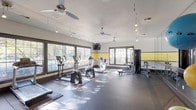 This fitness center is a bright, open, and well-appointed workout facility designed to support a comprehensive range of exercise routines. The space is flooded with natural light through large, multi-pane windows along multiple walls, offering pleasant views of the surrounding tree-lined outdoors and creating an energizing atmosphere throughout the day.

The facility is outfitted with a variety of cardio equipment, including treadmills, elliptical machines, and a stationary bike, all positioned to take advantage of the natural light and outdoor views. A dedicated strength training area features a multi-station cable machine, a barbell rack with weight plates, and an adjustable workout bench. A rack of stability balls in multiple sizes and additional free weights round out the functional fitness offerings.

Floor-to-ceiling mirrors line one wall, enhancing the sense of space and allowing users to monitor their form during workouts. The durable rubber flooring provides excellent support and safety underfoot. Multiple ceiling fans ensure comfortable air circulation throughout the space, complemented by adjustable track lighting for consistent illumination.

Wall-mounted flat-screen televisions are positioned for easy viewing from the cardio equipment, adding an entertainment element to workout sessions. The interior design features a clean white and yellow color scheme, giving the space a fresh, motivating aesthetic. French doors provide convenient access to the exterior.