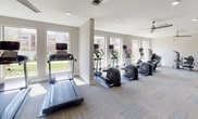 Located in Grand Prairie, Texas, this well-appointed fitness center is designed to support a full range of workout routines in a bright, modern environment. The single-floor layout is organized into distinct functional zones, each thoughtfully equipped and finished with neutral-toned carpet tile flooring and crisp white walls throughout.

The cardio zone is lined with large windows that flood the space with natural light and offer views of the surrounding community. This area houses a row of treadmills, elliptical trainers, and cycling machines, all positioned to take advantage of the outdoor views. Ceiling fans overhead provide additional air circulation, enhancing comfort during use.

A dedicated strength training area features a multi-station cable and weight machine, a flat bench, and a selection of free weights, complemented by wall-mounted mirrors that visually expand the space and allow users to monitor their form. A wall-mounted flat-screen television adds an entertainment element to the workout experience.

The facility also includes a separate stretching and functional fitness room, equipped with stability balls and floor-to-ceiling mirror panels. This versatile space is ideal for yoga, Pilates, or warm-up routines, and provides direct access to the outdoor area via glass-panel doors. The overall ambiance is clean, open, and motivating — designed to accommodate a variety of fitness needs.