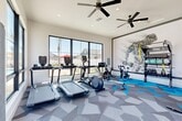 Located at 5200 Old Farm Rd in Bakersfield, CA, this fitness center offers a thoughtfully designed exercise space ideal for a comprehensive workout experience. The room is bathed in natural light, courtesy of large, black-framed windows that line multiple walls and provide views of the surrounding community, including palm trees and a nearby pool area. Two ceiling fans keep the space well-ventilated, complementing the recessed lighting overhead.

The flooring features a striking geometric-patterned carpet in shades of gray and blue, adding a dynamic visual energy to the room. Cardio equipment is prominently positioned near the windows and includes treadmills, an elliptical trainer, a rowing machine, and spin bikes. A dedicated strength training area houses a TRX suspension system, a rack of medicine balls, and a set of kettlebells, all anchored beneath a bold, large-scale artistic mural depicting an athlete in motion. An adjustable weight bench and a dumbbell rack round out the free-weight section.

A wall-mounted yoga mat and a glass door leading directly to the outdoor pool area make this fitness center both functional and convenient. The clean, white walls and modern aesthetic create an energizing yet focused ambiance suited for residents committed to an active lifestyle.