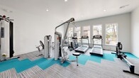 The Park Springs Fitness Center in Arlington, Texas, is a dedicated single-room exercise facility designed to support a well-rounded workout routine. The space is finished with a clean, modern aesthetic, featuring crisp white walls, recessed lighting, and a neutral-toned carpet with vibrant teal accent mats that define the equipment zones and add a pop of color to the interior.

Large windows line the exterior walls, flooding the room with abundant natural light and offering views of the surrounding outdoor pool area and landscaping. A full-length wall mirror enhances the sense of openness while allowing users to monitor their form during workouts.

The cardio section is outfitted with TRUE-brand treadmills, elliptical trainers, and a rowing machine, providing a comprehensive range of aerobic options. The strength training area features a HOIST multi-station cable machine along with additional resistance equipment, enabling a full range of upper and lower body exercises.

The layout is thoughtfully organized to maximize the usable floor space, keeping cardio and strength zones distinct while maintaining an open, uncluttered feel. The combination of ample natural light, mirrored walls, and modern equipment creates an inviting and functional environment well-suited for daily fitness routines.