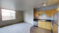 This studio residence offers a thoughtfully designed single-floor layout that maximizes functionality within a compact footprint. The open-plan living area features neutral-toned carpeting that creates a clean, comfortable atmosphere, while a window allows natural light to brighten the space.

The kitchen is seamlessly integrated into the living area and is outfitted with light maple cabinetry offering ample storage, dark countertops, a stainless steel sink, and a stainless steel dishwasher. A track lighting fixture overhead provides focused illumination across the workspace. The kitchen area transitions smoothly from wood-style flooring into the carpeted living zone, visually defining the two functional areas without the need for walls.

The overall design is straightforward and practical, with neutral wall tones and light-colored trim throughout that contribute to a bright, open feel despite the efficient use of space. The single bathroom completes this well-appointed studio, making it a functional option for those seeking a streamlined living arrangement. The layout is well-suited for individuals looking for a low-maintenance, efficiently organized space.
