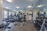 Located at Park Creek Court in Gainesville, Georgia, this single-floor fitness center is designed to support a comprehensive workout experience. The space is thoughtfully laid out to accommodate a wide variety of exercise modalities, from cardiovascular training to strength and resistance work.

The cardio area features multiple Matrix treadmills and additional cardio machines, all positioned along a wall of large, white-trimmed windows that flood the room with natural light and offer views of the surrounding community. The bright, airy atmosphere is further enhanced by flush-mounted ceiling fixtures and soft, neutral-toned walls.

Full-length mirrors line an entire wall of the fitness area, visually expanding the space and allowing users to monitor their form during workouts. The strength training section is well-stocked, including a cable/pulley machine, a power tower for bodyweight exercises, a dumbbell rack with a range of free weights, adjustable benches, and a stationary bike. TRX suspension straps are also available for functional training.

Durable wood-look flooring runs throughout the space, providing both aesthetic appeal and easy maintenance. Storage closets are conveniently integrated into the layout, keeping the workout area clean and organized. This fitness center delivers a professional-grade environment suited for residents seeking a convenient and fully equipped place to exercise.