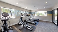 This fitness center is a dedicated single-floor space designed to support a well-rounded workout routine. The room is thoughtfully organized into distinct activity zones, maximizing the available floor area for comfortable use of all equipment. The cardio section features multiple treadmills and elliptical trainers by Spirit, as well as a rowing machine, all positioned on protective rubber mats. A separate strength training area includes an adjustable weight bench and a full dumbbell rack with a wide range of weights, situated on patterned carpet tile flooring that carries throughout the space.

The interior is finished with a textured ceiling fitted with recessed lighting, while a distinctive decorative stripe in muted blue and yellow runs along the walls, adding a subtle athletic aesthetic. Multiple windows line the walls, inviting ample natural light and providing views of the surrounding landscaped grounds. A posted fitness center rules board is prominently displayed near the entrance. The overall ambiance is clean, functional, and well-maintained, offering residents a convenient and capable space for both cardiovascular and strength-based fitness activities.