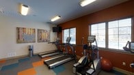 This fitness room offers a well-equipped workout space designed to support a range of cardio exercises. The room features two TRUE treadmills and an elliptical machine, each equipped with individual digital consoles for tracking workout metrics. A wall-mounted flat-screen television is positioned for easy viewing during exercise sessions, adding convenience for users.

The interior design is notable for its bold burnt-orange accent wall, which contrasts with the neutral white ceiling and walls, creating an energetic atmosphere suited to physical activity. Colorful modular floor tiles in shades of orange, teal, and gray provide both visual interest and a practical, cushioned surface underfoot.

Natural light enters through multiple windows fitted with horizontal blinds, allowing occupants to control brightness and privacy. Overhead fluorescent lighting supplements the natural light, ensuring the space remains well-lit at all times. Two framed abstract art pieces adorn the walls, adding a decorative touch. The room's layout is efficiently organized, maximizing the available floor space while keeping the equipment accessible and the environment open and functional.