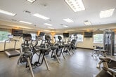 Located on Spruce Drive in Holbrook, NY, this fitness center offers a comprehensive single-floor layout designed to accommodate a wide range of workout needs. The space is organized into distinct functional zones, providing a well-rounded exercise environment.

The cardio area is prominently featured and houses multiple Cybex elliptical trainers, upright and recumbent stationary bikes, and treadmills. Flat-screen televisions are mounted on the walls, adding entertainment options during workouts. Recessed and panel fluorescent lighting throughout the ceiling ensures the space is consistently and evenly illuminated, while several windows allow natural light to filter in, creating a bright and welcoming atmosphere.

A dedicated strength training zone includes a multi-function cable machine, a dumbbell rack, and adjustable benches, catering to a variety of resistance training exercises. Full-length mirrors line the walls across multiple sections of the facility, enhancing the sense of space and supporting proper form during exercise.

A separate open area features rubber flooring and a yoga mat, suitable for stretching, yoga, or floor-based exercises. The interior is finished with warm neutral tones and crown molding details, contributing to a clean and polished aesthetic. A pass-through window connects to an adjacent room, adding functional convenience to the overall layout.