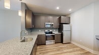 Located at 128 Florence St in Asheville, NC, this single-floor residence showcases a clean, modern design with consistent finishes throughout. The kitchen is a standout feature, outfitted with rich dark wood cabinetry, granite countertops, and a full suite of stainless steel appliances including an electric range with microwave and a full-sized refrigerator. Light wood-tone flooring runs through the kitchen and main living areas, complementing the neutral gray and warm beige wall palette. A built-in granite-topped counter nook adjacent to the kitchen provides a practical workspace or dining area. The living space benefits from direct outdoor access through a sliding glass door, allowing natural light to fill the room, and is fitted with a ceiling fan and track lighting. Bedrooms feature plush wall-to-wall carpeting, ceiling fans, and ample natural light from well-positioned windows, with closet access available. The bathroom is finished with wood-look tile flooring, a walk-in shower, a vanity, and brushed nickel hardware and towel bars. The overall design is cohesive and contemporary, offering a well-appointed, move-in-ready environment in the heart of Asheville.