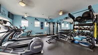 Located in Murfreesboro, Tennessee, this fitness center is a compact yet thoroughly equipped exercise facility designed to support a full range of workout routines. The single-floor space features bold sky-blue accent walls adorned with motivational phrases such as "No Pain No Gain," "Release Your Inner Beast," and "Just Don't Quit," along with Tennessee Titans pennants and sports memorabilia that give the room an energetic, spirited character.

The facility is outfitted with a diverse selection of equipment, including Precor and SportsArt cardio machines—ellipticals and treadmills—as well as a multi-function cable and weight machine, a tiered dumbbell rack with a full range of free weights, kettlebells, medicine balls, and weight plates. A flat workout bench and adjustable bench are available for strength training. Large wall mirrors on one side visually expand the space and allow users to monitor their form during exercise.

Natural light flows in through multiple windows fitted with blinds, while ceiling fans with light fixtures provide ventilation and ambient lighting. A set of French doors leads to an exterior access point, adding convenience and airflow. Two wall-mounted flat-screen televisions enhance the workout experience. A whiteboard and bulletin board are mounted near the entrance for informational purposes. Durable rubber flooring covers the entire room, providing traction and impact absorption throughout.