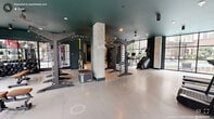 This modern gym in Durham, NC, spans a generously sized single floor divided into two distinct workout areas, each thoughtfully designed to support a comprehensive fitness experience. The main training floor is defined by its bold teal ceiling, light-toned flooring, and expansive floor-to-ceiling windows that flood the space with natural light and offer views of the surrounding neighborhood. Structural concrete columns punctuate the open layout, adding an industrial character that complements the sleek, contemporary aesthetic. This area is outfitted with a robust selection of equipment, including treadmills, stair climbers, stationary bikes, cable machines, TRX suspension trainers, and plyometric boxes, accommodating a wide range of cardio and strength training needs. A separate room dedicated to boxing and functional training offers a strikingly different ambiance, featuring dusty blue walls, wall-mounted heavy bags, arched mirrors, an air bike, and a visually arresting ceiling adorned with a sweeping marbled mural beneath a coffered tray design. Large windows in this room frame outdoor greenery, creating a bright and energizing environment. Together, the two zones deliver a fully equipped, design-forward fitness facility suited for varied training disciplines.