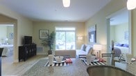 This single-floor residence showcases an open-concept design that seamlessly connects the dining and living areas, creating a cohesive and functional layout. The living room is anchored by a comfortable sofa dressed with decorative pillows, positioned to take full advantage of a large sliding window that fills the space with natural light and frames views of lush greenery outside. Light-toned walls and light hardwood-style flooring contribute to the bright, airy atmosphere throughout.

The dining area, visible in the foreground, features a dark-toned table set atop a bold black-and-white striped area rug, providing a striking contrast against the warmer tones of the room. A granite or stone-finish countertop edges the dining space, suggesting proximity to the kitchen. Accent lighting, including a ceiling-mounted fixture and a pair of table lamps, ensures the space remains warmly lit at all times.

Decorative elements such as framed wall art, a large potted palm plant, and carefully curated accessories add personality and warmth to the interior. The overall ambiance is clean, contemporary, and inviting, designed for comfortable everyday living.