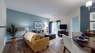 This thoughtfully designed single-floor residence combines comfort and functionality across a cohesive, open layout. The living room serves as the heart of the home, featuring rich hardwood-style flooring, a calming slate-blue accent wall adorned with framed artwork, and a sliding glass door that invites natural light and provides access to an outdoor area. The space comfortably accommodates generous seating and flows naturally into the dining area.

The kitchen is equipped with stainless steel appliances, white cabinetry, and dark granite-style countertops, offering both style and practicality. An in-unit laundry area adds everyday convenience.

The bedroom is a serene retreat, highlighted by a deep navy accent wall and pendant lighting that creates an intimate ambiance. A spacious walk-in closet with wire shelving and carpeted flooring provides ample storage. A secondary room, bathed in natural light from a large window, functions well as a home office or flex space, with soft blue walls and plush carpet.

The full bathroom features a white vanity with dark countertops, bold blue walls, and a combination tub and shower. Throughout the residence, a cohesive blue-toned color palette and hardwood-style flooring tie each space together into a harmonious and inviting whole.