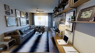 This well-appointed single-floor space offers a thoughtfully designed open-concept layout that seamlessly blends living and working areas into one cohesive environment. The living area is anchored by a plush gray sectional sofa accented with decorative throw pillows, positioned atop a bold navy-and-white geometric area rug that adds visual depth to the room. A ceiling fan overhead and a sleek arc floor lamp provide both functional lighting and a modern aesthetic touch. Large windows dressed with horizontal blinds and gray curtain panels invite generous natural light, creating a bright and welcoming atmosphere throughout. On the opposite side of the room, a warm-toned wooden desk serves as a dedicated workspace, complemented by a built-in industrial-style shelving unit that spans the full height of the wall. The open shelves display a curated mix of books, decorative objects, and framed artwork, adding personality and practicality to the space. The neutral gray walls provide a versatile backdrop that ties together the varied textures and tones found throughout the room. Overall, this space strikes a balanced harmony between comfort and productivity, making it ideal for both relaxing and working from home.