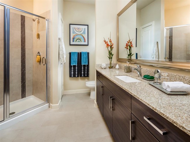 Master bathroom with access to walk-in closet, double vanity and standing shower - Thirty Oaks