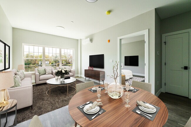 La unidad de 1 dormitorio prácticamente montada muestra el comedor y la sala de estar principal con puerta que conduce al dormitorio. - Lakeside of Cheshire