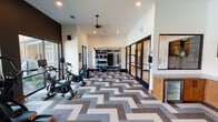 This single-story fitness center is thoughtfully designed to accommodate a wide range of workout styles within a spacious, open layout. The flooring throughout features a striking chevron-patterned carpet in neutral tones of brown, gray, and cream, lending a modern, polished aesthetic to the space.

The cardio zone is positioned along a wall of large floor-to-ceiling windows that overlook an outdoor pool area, providing natural light and a refreshing outdoor view during workouts. This section is equipped with treadmills, ellipticals, and stationary cycling bikes, including Peloton-style options with integrated screens.

The strength training area includes a full rack of dumbbells displayed in front of a large wood-framed mirror, along with weight benches and cable machines. Open shelving with a built-in TV, a small beverage refrigerator, and audio speakers adds convenience to the space.

Toward the rear, a functional training zone features medicine ball racks, TRX suspension trainers, and additional strength equipment. Black-framed glass doors lead to an adjoining room, while recessed lighting and ceiling fans maintain a comfortable, well-lit environment throughout the entire facility.