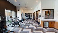 This single-story fitness center is thoughtfully designed to accommodate a wide range of workout styles within a spacious, open layout. The flooring throughout features a striking chevron-patterned carpet in neutral tones of brown, gray, and cream, lending a modern, polished aesthetic to the space.

The cardio zone is positioned along a wall of large floor-to-ceiling windows that overlook an outdoor pool area, providing natural light and a refreshing outdoor view during workouts. This section is equipped with treadmills, ellipticals, and stationary cycling bikes, including Peloton-style options with integrated screens.

The strength training area includes a full rack of dumbbells displayed in front of a large wood-framed mirror, along with weight benches and cable machines. Open shelving with a built-in TV, a small beverage refrigerator, and audio speakers adds convenience to the space.

Toward the rear, a functional training zone features medicine ball racks, TRX suspension trainers, and additional strength equipment. Black-framed glass doors lead to an adjoining room, while recessed lighting and ceiling fans maintain a comfortable, well-lit environment throughout the entire facility.