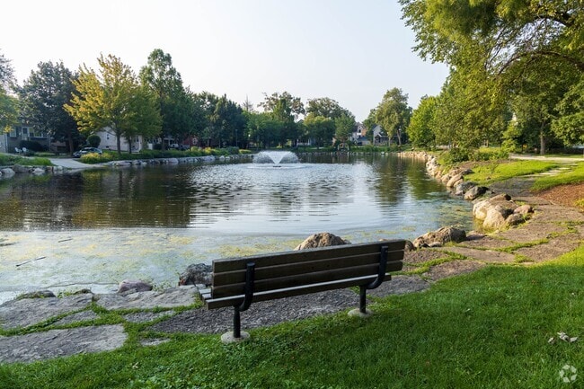 Sit and relax on the edge of the pond Prince Pond in Downers Grove and enjoy the nature views.