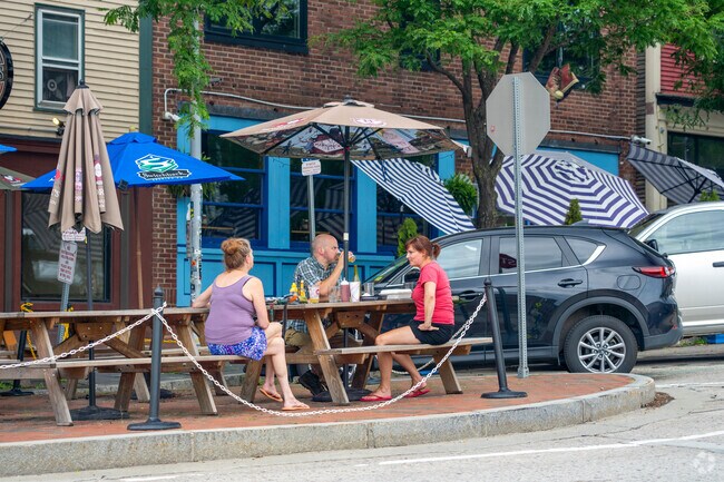 Downtown Winooski has plenty of outdoor seating along the traffic rotary at the center of town.