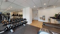 Located at 102 Logan Ct in Raleigh, NC, this well-appointed fitness center offers a clean, modern environment designed to support a comprehensive workout experience. The single-floor facility is thoughtfully laid out, with distinct zones for cardio training and free weight exercises. Large floor-to-ceiling windows line one wall, flooding the space with natural light and offering views of the surrounding greenery outside. Full-length mirrors are mounted throughout, enhancing the sense of openness and allowing users to monitor their form during exercise. The cardio area is equipped with a solid lineup of machines, including treadmills, ellipticals, and cycling equipment, all featuring integrated display screens. The free weight section houses a complete dumbbell rack set atop rubber flooring, ideal for strength training. Light wood flooring transitions seamlessly between zones, complementing the crisp white walls and drop-panel ceiling with recessed lighting. A built-in water station with dual drinking fountains and a bottle-fill option provides convenient hydration access. A minimalist bench near the entrance offers a practical spot for transitions, while decorative potted plants add a welcoming touch. The overall ambiance is bright, clean, and functional, making this fitness center a well-equipped space for a wide range of fitness routines.