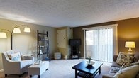 This single-story residence in the US features a welcoming living room designed with comfort and functionality in mind. The space is finished with wall-to-wall carpeting that adds warmth underfoot, while neutral-toned walls in soft gray and brown create a calm, understated atmosphere throughout.

The living room is well-proportioned, offering enough space for a comfortable seating arrangement centered around a dark wood coffee table. A lean-style open shelving unit along one wall provides both storage and display space, adding a casual, organized aesthetic to the room. The television is positioned on a low media stand in the corner, making practical use of the available layout.

A standout feature of the living room is the large sliding glass door fitted with vertical blinds, which floods the space with natural light and provides views of the greenery outside. The textured ceiling adds a subtle architectural detail to the room.

Overall, the space presents a functional and comfortable layout with a neutral palette, practical furnishings, and notable natural light, making it a livable and inviting environment.