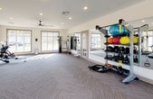Located at 898–906 Emory Church Rd in Knoxville, Tennessee, this single-floor fitness center is designed to offer a comprehensive workout experience in a bright, welcoming environment. The space is bathed in natural light streaming through numerous large, framed windows that line the walls, offering views of the surrounding outdoor amenities, including what appears to be a pool and patio area.

The fitness center is divided into distinct functional zones. The cardio area features multiple treadmills, elliptical machines, and a rowing machine, complemented by wall-mounted flat-screen televisions for entertainment during workouts. Ceiling fans overhead ensure comfortable air circulation throughout. A dedicated free weights section includes a full dumbbell rack and an adjustable workout bench, positioned alongside floor-to-ceiling mirrors that enhance the sense of space. The strength and functional training area is equipped with a cable machine, resistance equipment, kettlebells, medicine balls, and resistance bands neatly organized on a multi-tier rack.

Patterned, low-pile carpet tiles cover the floors throughout, providing both durability and comfort underfoot. Recessed lighting supplements the ample natural light, maintaining a well-lit atmosphere at all hours. The clean, neutral-toned walls and modern design give the space a polished, professional feel suited for a wide range of fitness routines.