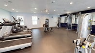 This fitness center offers a comprehensive workout environment designed to accommodate a wide range of exercise routines. The space is laid out across a single floor, featuring durable dark rubber flooring throughout that is well-suited for heavy equipment and high-traffic use. Walls are finished in a light blue-gray tone, creating a clean and energizing atmosphere, while a textured ceiling with recessed lighting and track lighting ensures consistent, well-distributed illumination across the entire facility.

The cardio section is well-appointed with multiple treadmills, elliptical trainers, and stationary upright and recumbent bicycles, offering users a variety of low-impact and high-intensity options. A dedicated strength training area features a multi-station cable machine, a weight bench, and a full dumbbell rack with a tiered selection of free weights. A large wall mirror with a navy blue accent wall backdrop enhances the strength zone, allowing users to monitor their form during workouts. A flat-screen television is mounted on the wall, adding entertainment value for longer training sessions.

Natural light enters through several windows fitted with blinds, complementing the artificial lighting and contributing to the open, airy feel of the space. A set of double glass doors provides an additional entry point and further brightens the interior. The facility also includes a secondary room visible through an interior window, suggesting additional dedicated space for equipment or storage.
